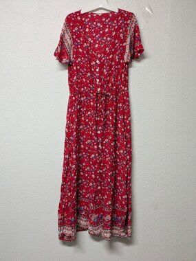 Ditsy Red Floral V-neck Button Front Accent Drawstring Waistline Maxi Dress - XL